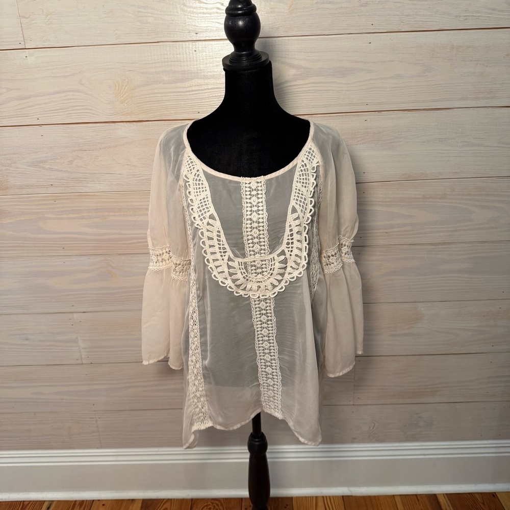 Perch By Blu Pepper Sheer Crochet Top Ivory Boho Peasant Small Festival Ethereal